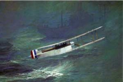 The Sopwith Atlantic ditching into the ocean in sight of a Danish ship
